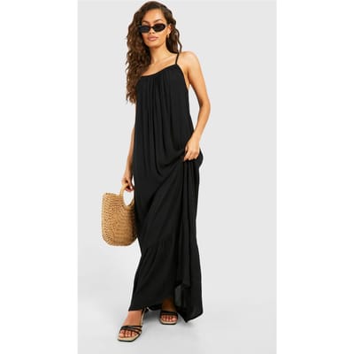 boohoo Dames Maxi‐jurk met bandjes van kaasdoek | Zwart | Maat: 38
