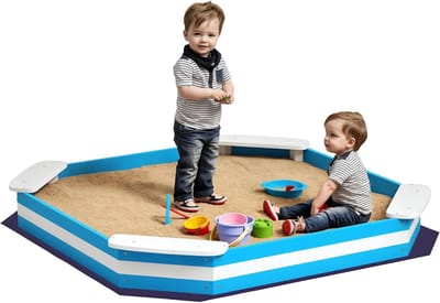 Houten Zandbak - Speelbak Buiten - Kinderen Spelen - Met 4 Zitjes - 133 x 133 cm - Blauw Gestreept