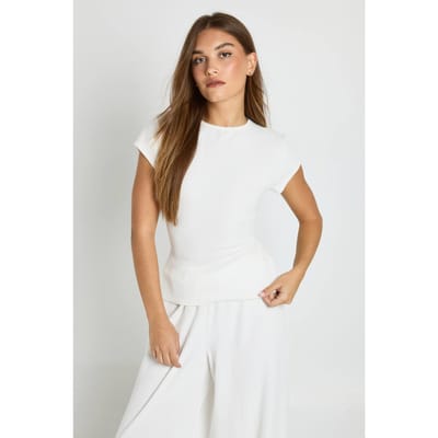 boohoo Dames Baby T-Shirt met gerimpelde rib en capmouw | Creme | Maat: 38