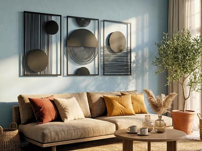 VAILLA 3-delige boho wanddecoratie hout 90x45 cm, geometrische 3D muurdecoratie voor woonkamer interieur