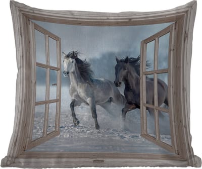 Tuinkussen - Doorkijk - Paarden - Winter - Dieren - Natuur - Wit - 40x40 cm - Weerbestendig