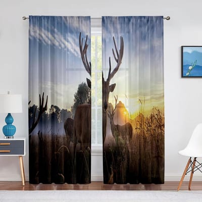 Silhouette van Twee Herten Chiffon Transparante Gordijnen voor Woonkamer Slaapkamer Huisdecoraties Elandenpatroon Voile Tule Gordijn Draperieën 1 PCS W100XH250cm&Grommet Top