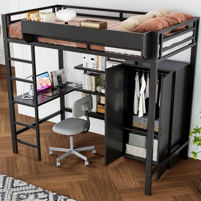 Hoogslaper - 90 x 200cm - ruime opbergvakken - zonder matras - bed met kledingkast en trap - bureau - zwart