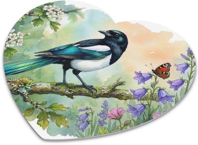 Hartvormige Muismat Aquarel Series Ekster op Tak met Vlinder & Roze Bloemen - Waterverf Vogels in de Natuur Print Bureau Accessoire Cadeau voor haar: Vrouw,Vriendin & Collega - Unieke Hartjes Muismat voor Computermuis Kantoor