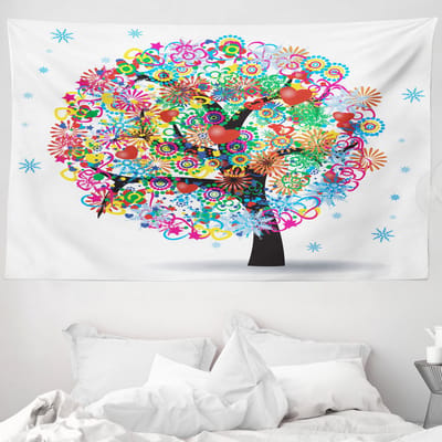 ABAKUHAUS Levensboom Wandtapijt, Kleurrijke Boom met Lijnen en Hartvormige Bladeren, 230 x 140 cm, Meerkleurig