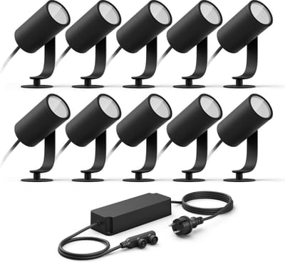 Philips Hue Lily Basisset van 10 Tuinspots (Antraciet) - Wit en Gekleurd Licht - Incl. 1 Voedingskabel - Tuinverlichting - Hue White and Color Ambiance