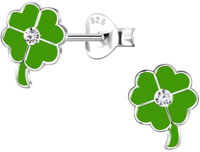Joy|S - Zilveren klaver oorbellen - 6 x 8 mm - groen - klavertje vier oorknoppen - kristal - kinderoorbellen - t47