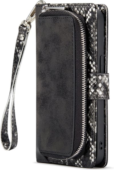 Casemania Hoesje Geschikt voor Apple iPhone 13 - Zwart - Luxe Wallet Bookcase met Rits Pasjeshouder en Standaard - Kunstleer Portemonnee Telefoonhoesje met Slangenstructuur en Extra Opbergruimte