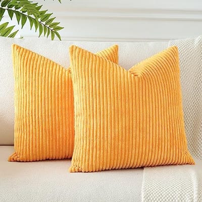 Set van 2 Corduroy Kussenhoezen 40 x 40 cm - Zachte Gestreepte Decoratieve Kussens voor Bank en Slaapkamer, Boho Stijl, Oranje-Geel