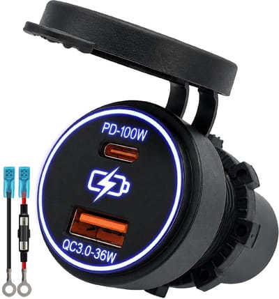 ProRide 12-24V USB/USB C Autolader 2 Poorten Inbouw - 100W+36W QC3.0 - Snellader - Blauw - Met Aansluitkabel