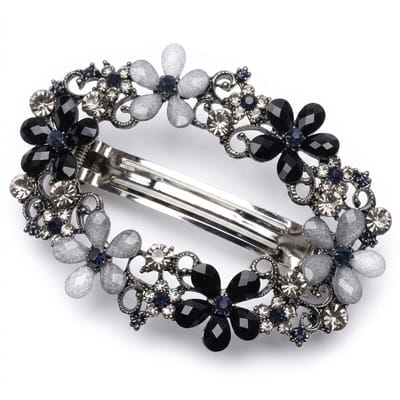 Zwart zilverkleurige haarclip – bloemvormige haar klem voor dames – ovale haarspeld met glanzende decoratie – elegante haar accessoire voor dagelijks gebruik en styling