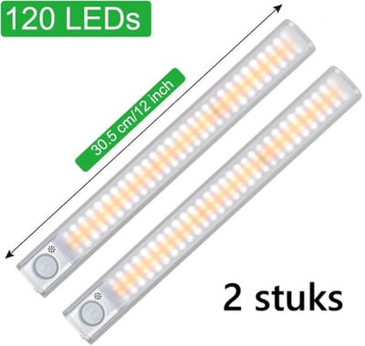 TLVX 2 stuks Led lamp met bewegingssensor en lichtsensor | Draadloos | Accu USB Oplaadbaar | LED Sensor lamp | Beweging sensor | Licht sensor | Dimbaar | Light Motion Sensor | 30 CM | 120 leds | Nacht Lamp LED Strip | Magneet strip | Kastverlichting