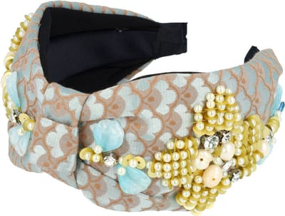 Haarsoires Haarband Diadeem 8cm – Statement – Bladprint - Parelkralen – Bruin Blauw - Glanzende Haaraccessoire voor Feest of Bruiloft - Geschikt voor Feest & Bruiloft