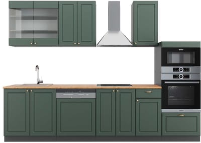 Vicco Fame-Line Complete keukeneenheid – 300 cm met hoge kast, WB Eik Groen-Goud Landhuis/Antraciet