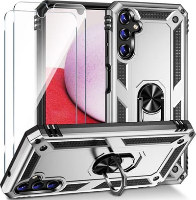 HB Hoesje Geschikt voor Samsung Galaxy A54 5G Grijs & 2X Glazen Screenprotector - Anti-Shock Hybrid Armor Back Cover - Hoes met Kickstand Ring