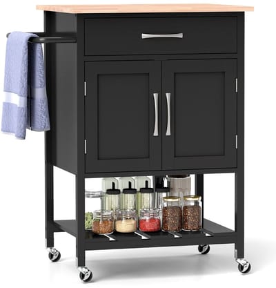 Keukeneiland - Verplaatsbaar - Keukenkast - Dressoir - Organizer - Kasten - Houten Werkblad - 1 Deuren - Zwart