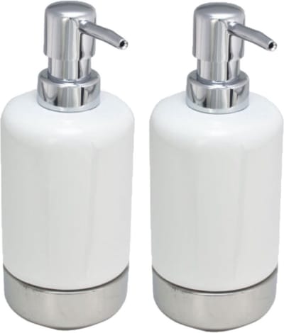 Svenska Living Zeeppompje/dispenser - 2x - wit met zilver - keramiek - 300 ml - navulbaar - keuken/toilet/badkamer