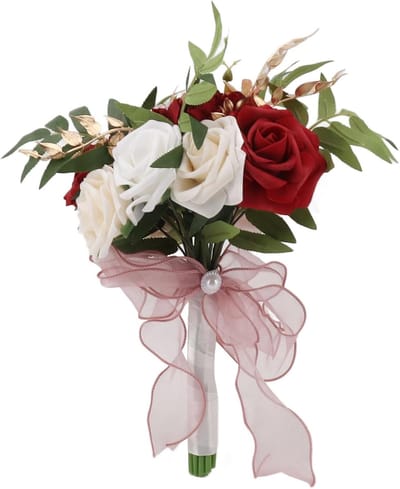 Bruidsboeket Zijde - Kunstbloemen Boeket - Bruiloft Decoratie - Realistisch Uiterlijk - 31x21x18 cm - Bourgondië Wit