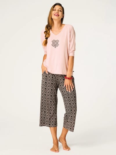 Key Viscose Dames Pyjama Lange Mouw Zomer Print Perzik Bruin LNS 731 36 / S