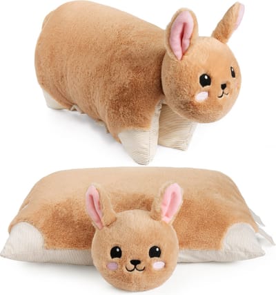 BRUBAKER Knuffelkussen Konijn - 2 in 1 Pluche en Knuffelkussen - 40 x 30 cm Knuffel Konijn - Opvouwbaar Pluche Kinderkussen met Klittenbandsluiting - Kussen Konijn Knuffeldier - Bruin