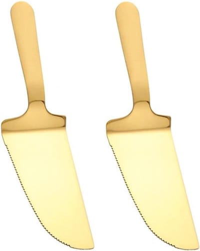 Roestvrijstalen taartschep met getand snijlemmet - 2 stuks - keukenmes voor cake, pizza, kaas - vaatwasmachinebestendig - goudkleurig.