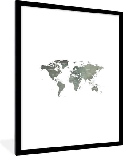 Poster in lijst - Fotolijst 60x80 cm - Posters - Wereldkaart - Groen - Landen - Posterlijst zwart - Decoratie - Wanddecoratie woonkamer - Muurdecoratie slaapkamer