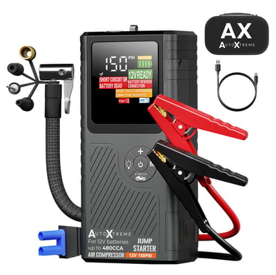 AutoXtreme 12V Jumpstarter met Compressor voor Auto – 480CCA - Boost Air Micro – Starthulp met Forcestart, Powerbank & LED-scherm – Incl. Zaklamp & Opbergkoffer