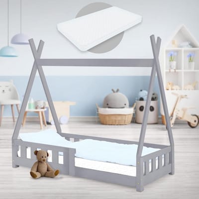 Kinderbed Tipi 70x140 cm in Lichtgrijs met Matras en Valbeveiliging