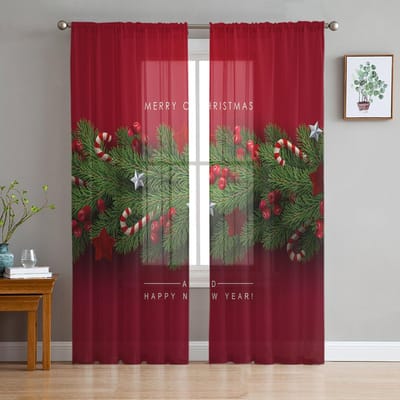 Kerstboom Dennennaalden Snoep Strik Rood Transparante Gordijnen voor Woonkamerdecoratie Raamgordijnen Keuken Tule Voile Gordijnen W135 x H115cm x1 gray