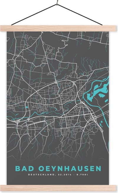 Posterhanger incl. Poster 40x60 cm - Schoolplaat - Duitsland – Blauw – Bad Oeynhausen – Stadskaart – Kaart – Plattegrond - Textielposter - Blanke latten - Stadskaart