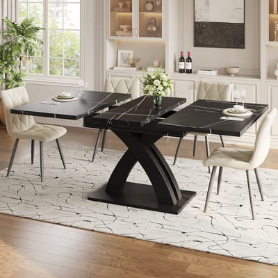 REDOM - Uitschuifbare Eettafel - X-Vormig Onderstel - Klassiek - Voor Keuken - MDF En Metaal - Zwart - 120-160 X 80 X 76 Cm