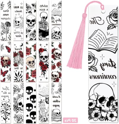 30 Stuks UV DTF Boekenleggers Transfer Stickers met Doodskop en Bloemen - Waterdichte Stickers voor Acryl, Plastic en Metaal Boekenleggers
