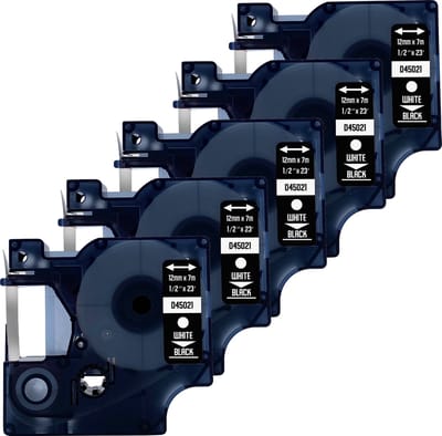 DULA Dymo D1 45021 - S0720610 - Compatible label tape - 5 lettertapes - Wit op zwart - 12mm x 7m