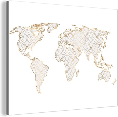 Aluminium schilderij 160x120 cm - Wanddecoratie metaal - Wereldkaart - Lijnen - Goud - Metalen muurdecoratie woonkamer - Decoratie industrieel - Foto op dibond - Industriële accessoires slaapkamer