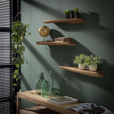 PS-Collection Edge Set/3 Wandschap - 60x13x4cm - Naturel - Acaciahout - wandplank - wandrek industrieel - wandrek metaal zwart - wandrek rond - wandrekken - wandplank zwevend - wandplank hout - wandkubus - boekenplank