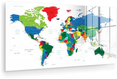 ® Glasschilderij 160x80 cm - Schilderij acrylglas - Wereldkaart - Kleuren - Topografie - Foto op glas - Muurdecoratie woonkamer - Wanddecoratie slaapkamer - Schilderijen