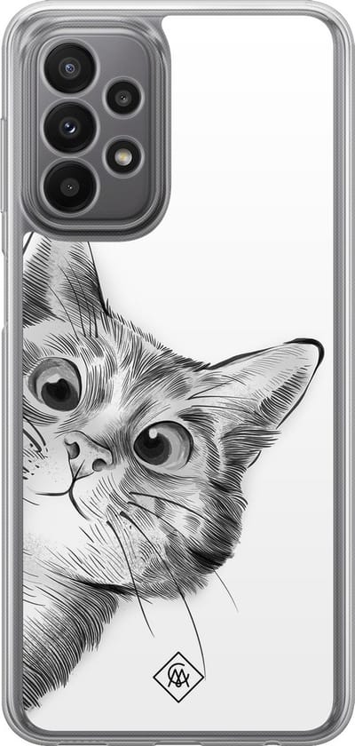 Casimoda® hoesje - Geschikt voor Samsung Galaxy A23 - Kat Kiekeboe - 2-in-1 case - Schokbestendig - Illustratie - Verhoogde randen - Wit, Transparant