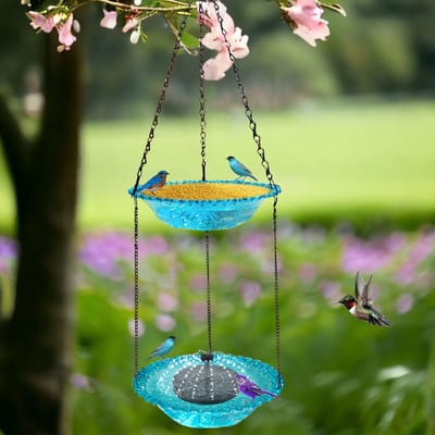 Vogelbad op voet-waterschaal voor vogels buiten-Op zonne-energie werkende vogelbadfontein - Dubbellaags hangend kolibriebad voor in de tuin - Vogeldouche met 7 sproeiers - Geschikt voor gazons - Blauw - 23,5 x 46 cm