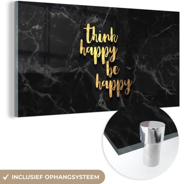 MuchoWow® Glasschilderij 40x20 cm - Schilderij acrylglas - Quote - Happy - Goud - Marmer - Foto op glas - Schilderijen
