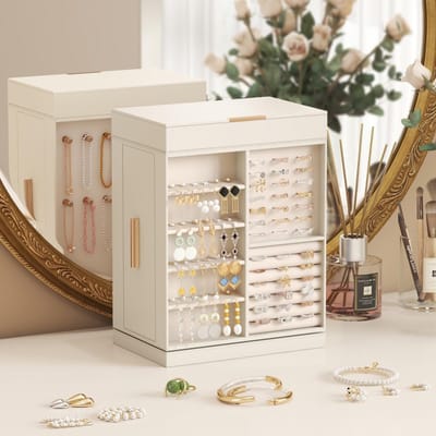 Dailygoody - Sieradendoos - 360° Roterende Organizer - Crème - Accessoireshouder voor Ringen en Oorbellen - Perfect voor Cadeaus - Stijlvol en Functio...