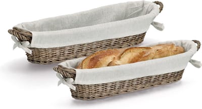 Zeller Broodmandje met stof - 2x - riet/canvas - bruin - langwerpig - stokbrood - landelijke stijl