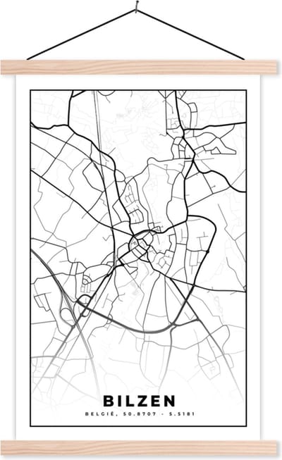 Posterhanger incl. Poster 40x60 cm - Schoolplaat - Stadskaart – Plattegrond – België – Zwart Wit – Bilzen – Kaart - Textielposter - Blanke latten - Stadskaart