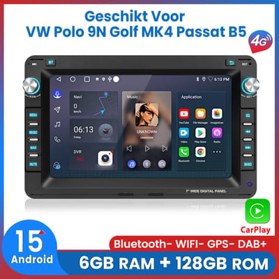 Awesafe Android 15 6+128GB 8-Core V1PRO Autoradio - Geschikt Voor VW Polo 9N Golf MK4 Passat B5 - Draadloos Carplay Android Auto - GPS Navigatie 4G WiFi - 7 Inch Touchscreen - Bluetooth FM RDS DSP - Radio Scherm