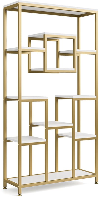 Pugsdrly Gouden boekenkast van 180 cm hoog, moderne boekenkast op poten met 11 open planken, hoge boekenkast voor de woonkamer, slaapkamer, thuiskantoor, goud en wit