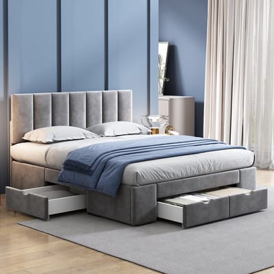 DESMIU Gestoffeerd Bed 140x200 cm – Verstelbaar Hoofdbord en Lattenbodem – 4 Laden met Opbergruimte – Voor Slaapkamer – Fluweel – Grijs – Zonder Matras