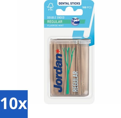 10 x Jordan Tandenstokers Double Ended Regular 100 stuks per verpakking - Tandenstokers - Tandenstokers Dubbelzijdig - Tandenstokers Met Fluoride - Tandenstokers Mintsmaak - Tandenstokers Tussen Tanden