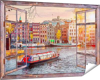 Gards Tuinposter Doorkijk Amsterdamse Huisjes vanaf de Grachten - 150x100 cm - Tuindoek - Tuindecoratie - Wanddecoratie buiten - Tuinschilderij
