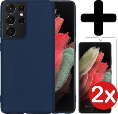 Hoesje - Met 2x Screenprotector - Geschikt voor Samsung Galaxy S21 Ultra - Sterk & Shockproof - Telefoon Hoes - Back Cover - Siliconen Case - Telefoonhoes - Donkerblauw