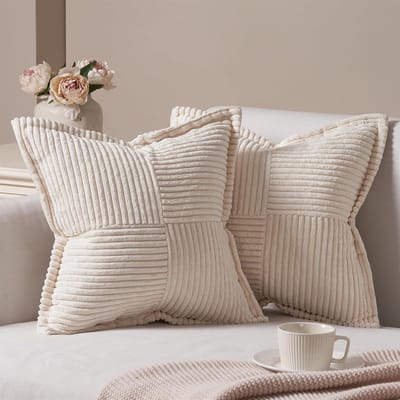 Famanu - Corduroy kussenhoezen 50x50 cm beige set 2, dubbelzijdig effen zacht, decoratieve sierkussens voor bank bureaustoel