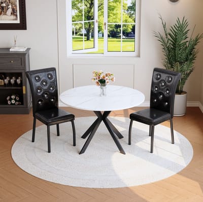 Set Tafel En Stoelen - Ronde Eettafel Met Marmerlook - 2 Gestoffeerde Stoelen - Voor Keuken En Eetkamer - Metaal - Zwart Wit